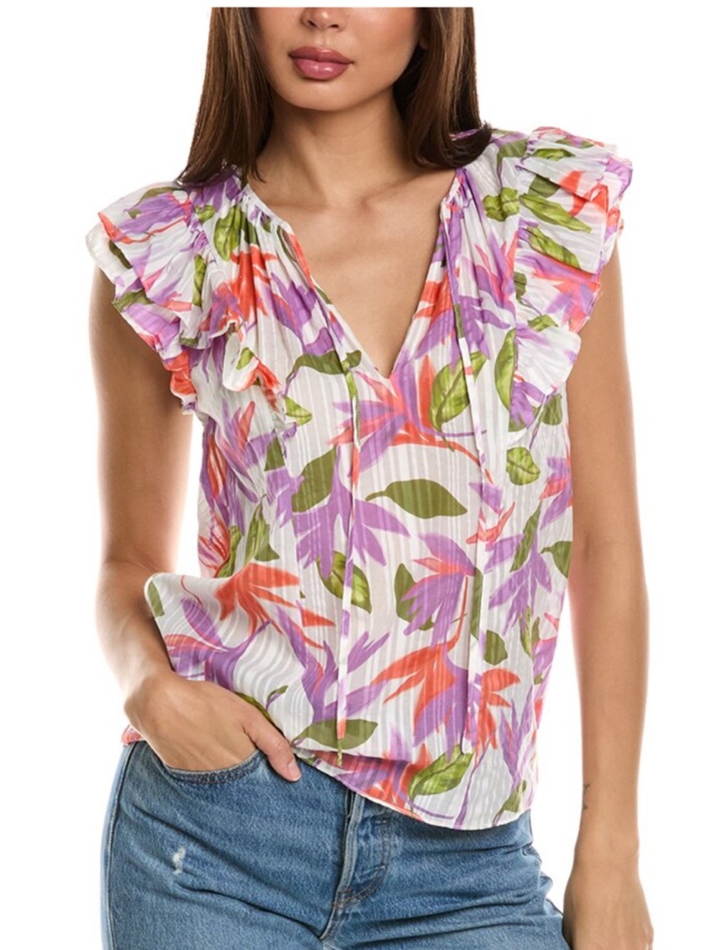 Ramy Brook Orla Ruffle Short Sleeve Purple Orange Floral Popover Split Neck NEW